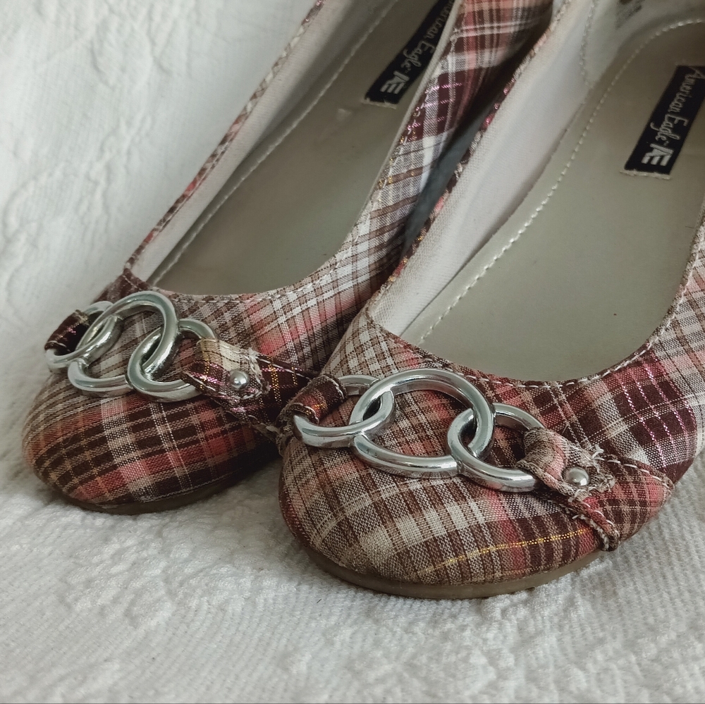 American Eagle Outfitters Pink Plaid Flats Silver Buckles Sparkly Flats School - Picture 3 of 14